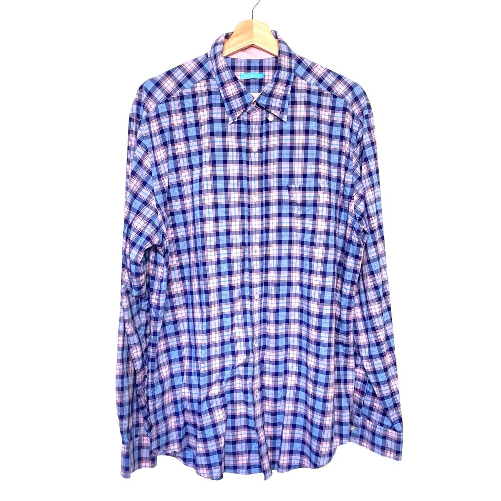 J.McLaughlin Mens XL Club Classic Blue Pink Check Button Down Shirt 100% Cotton